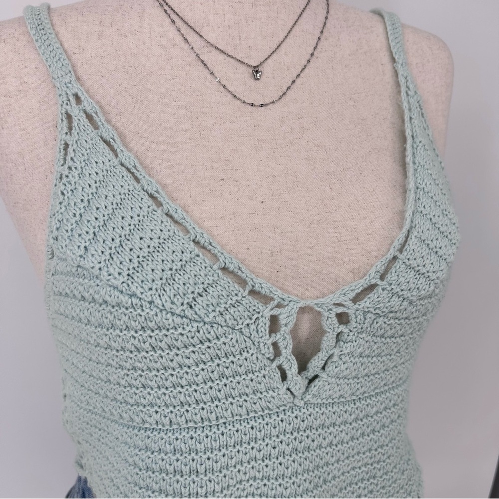 Y2K Boho Crochet Tank Top Indie Coquette Lace Trim Knit Crop Cami AE - Picture 3 of 6